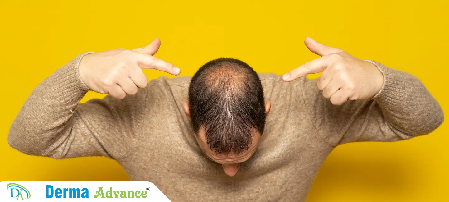 Close-up of male baldness showing thinning hair and scalp visibility due to androgenic alopecia.