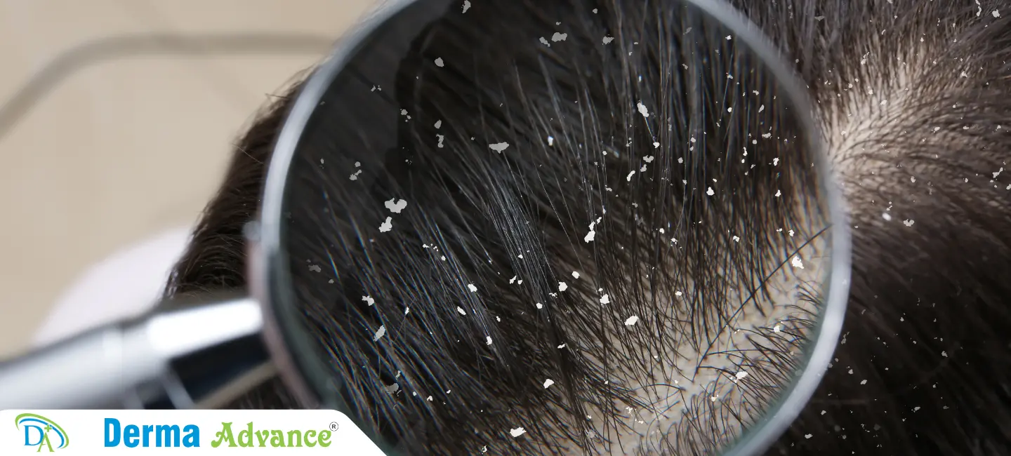 Visual representation of dandruff flakes on the scalp, illustrating common symptoms and scalp irritation.