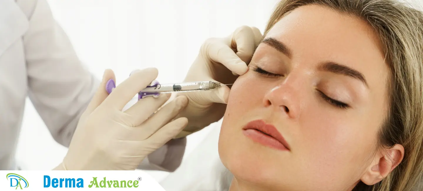 Image of a female patient receiving Dermal Filler injections on her face, highlighting smooth and rejuvenated facial features post-treatment.