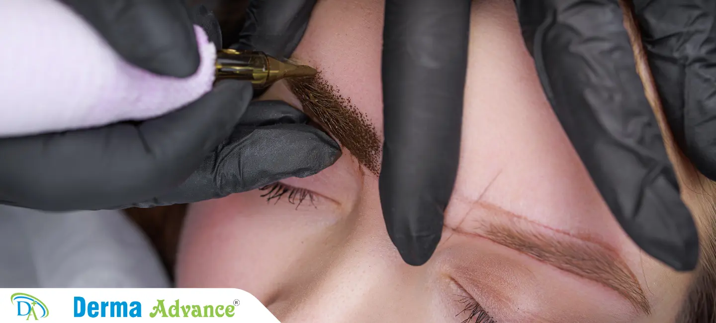 Image of an Eyebrow Pigmentation session, showcasing the procedure to enhance eyebrow shape and color, resulting in naturally defined brows.