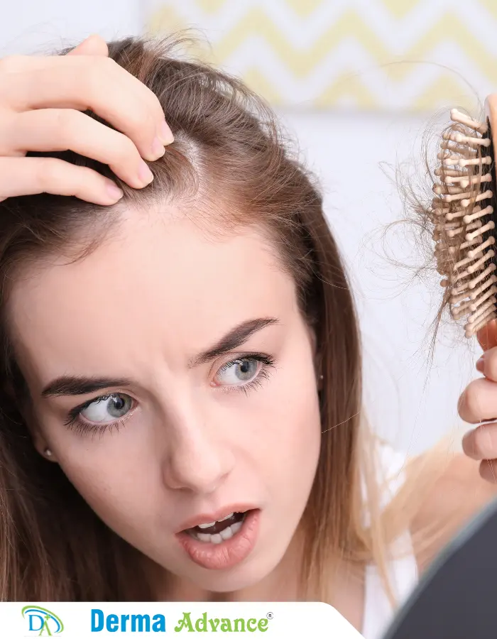 A girl suffering with hair thinning, she is looking at her hair-brush which is full of hair, she is looking for ways to prevent hair thinning.