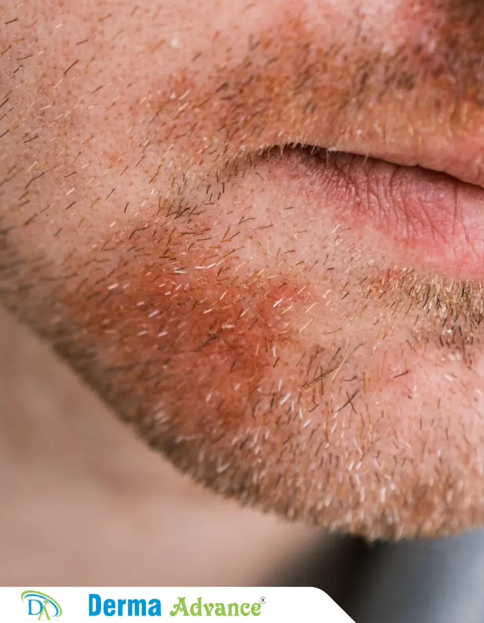 A man suffering with seborrheic dermatitis on his cheek and chin. He has red, scaly patches all over the affected area.