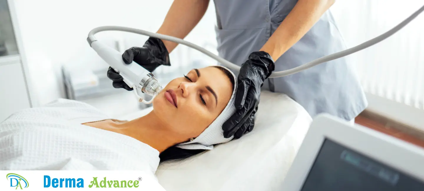 Image of a MNRF device being used on a patient’s face, showing the combination of microneedling and radio frequency energy for skin treatment.