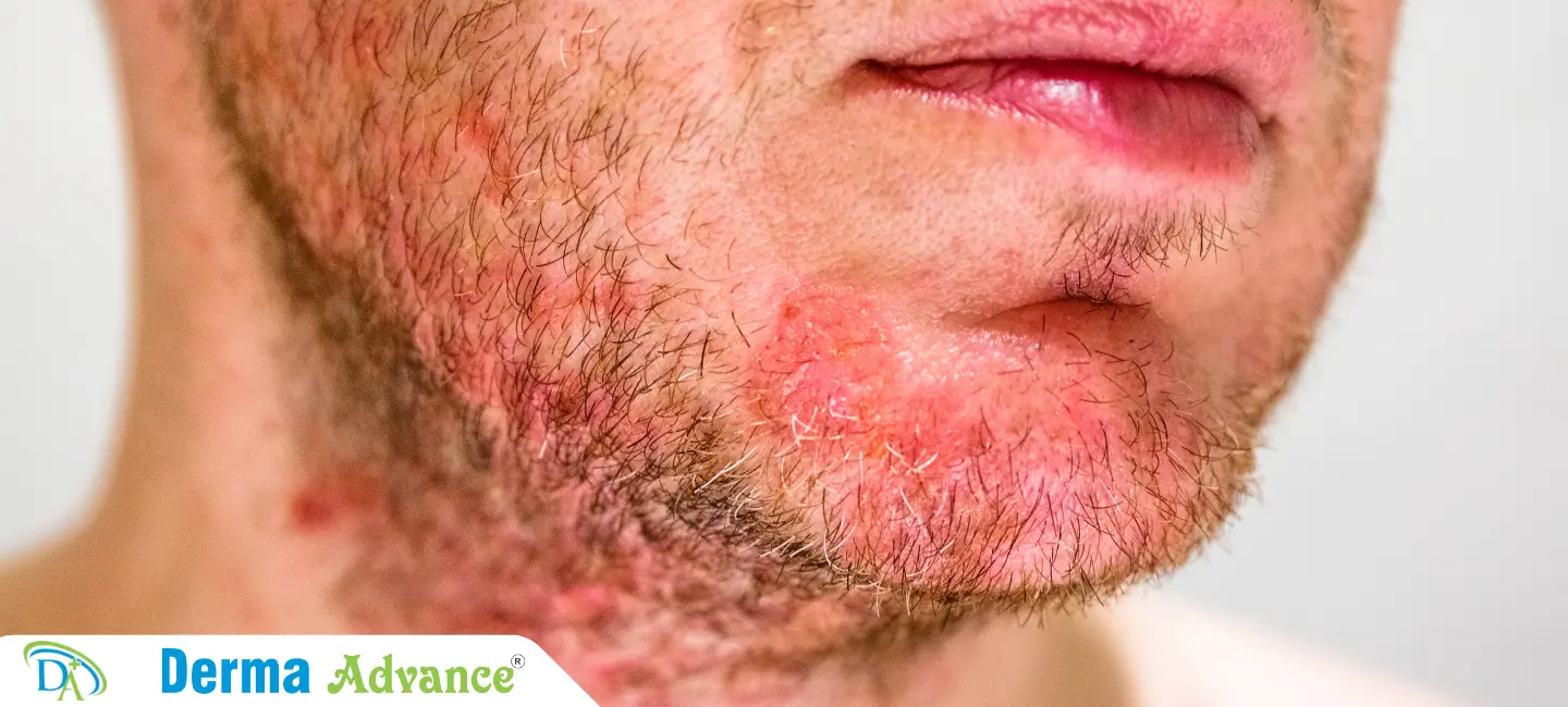 Visual representation of seborrheic dermatitis, showing red, scaly patches on the face of a man.