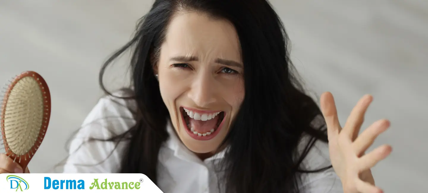 A girl suffering with telogen effluvium, she is crying because her hair is shedding.