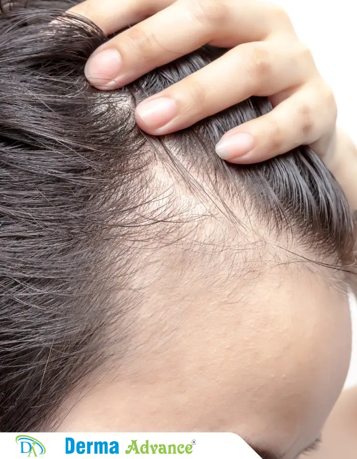 Close-up of man's head showing thinning hair and scalp visibility due to androgenic alopecia.