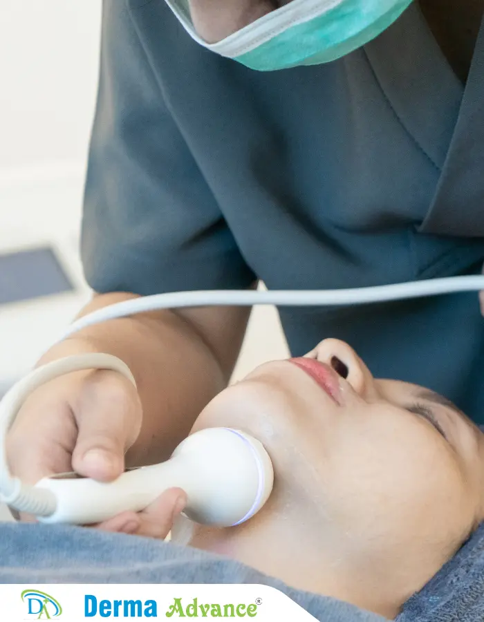 A close-up image of a Cavitation device in use on a patient's chin and neck, illustrating the process of ultrasonic fat reduction for body sculpting.