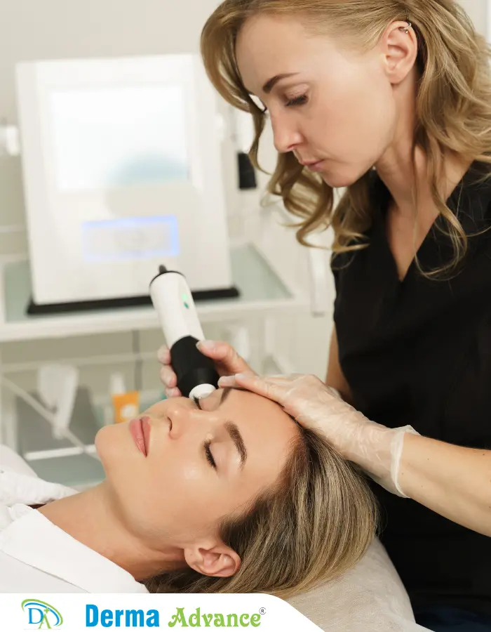 A dermatologist using a CO2 Laser device on a patient’s skin to demonstrate precise treatment for wrinkles and scars.