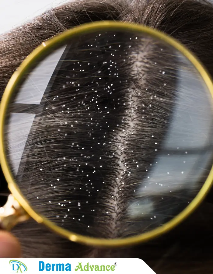 Zoomed in image of a scalp showing the presence of Dandruff.