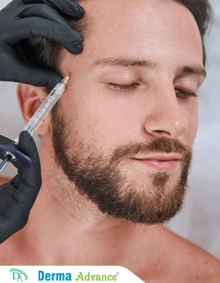 A close-up image of a Dermal Filler injection being administered to a male patient.