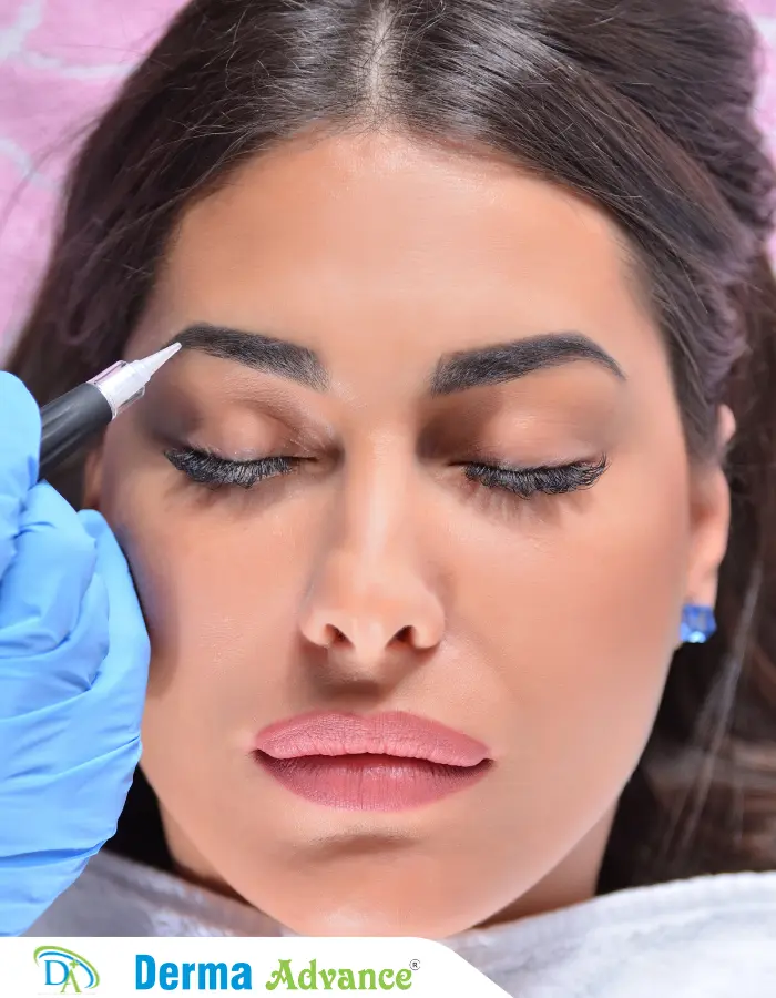 Close-up image of Eyebrow Pigmentation procedure, highlighting the application of pigments to enhance eyebrow shape and color for a natural look.