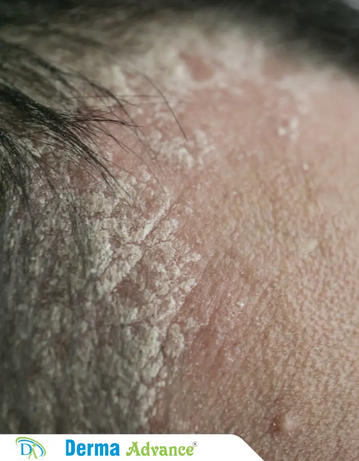 Scalp of a man suffering with Scalp Psoriasis. There is a formation of thick, silvery scales on the scalp.