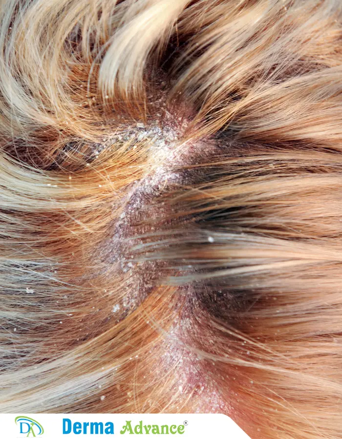 Overhead view of a lady suffering with seborrheic dermatitis on her scalp. She has red, scaly patches of seborrheic dermatitis all over the affected scalp.