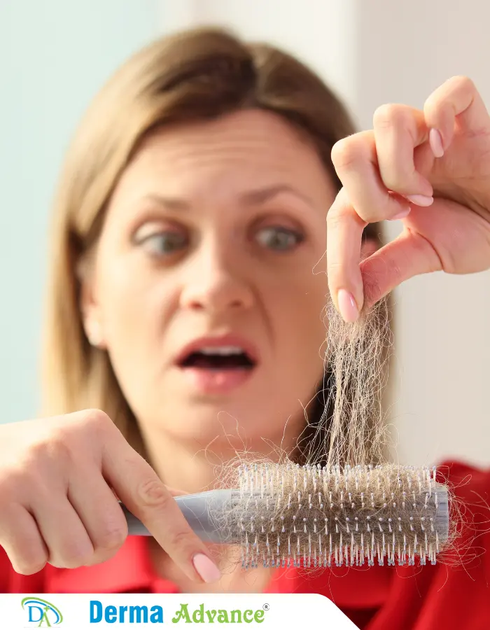 A girl suffering with Telogen Effluvium she is pulling hair out of her hair brush.