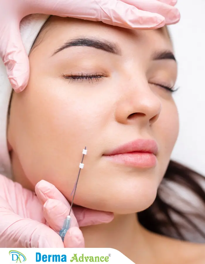 A close-up image of a Thread Lift procedure being performed, showing the insertion of threads and the resulting lift and tightening of the skin.