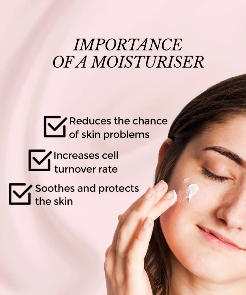 Illustration highlighting the importance of moisturizers in a skincare routine, showcasing their role in hydrating, protecting, balancing, and repairing the skin for a healthy, radiant complexion.






