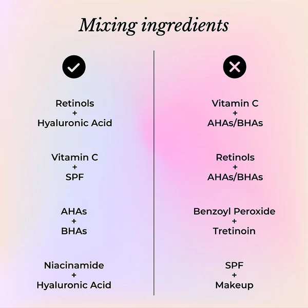 Visual comparison of correctly and incorrectly mixed skincare ingredients: one side shows ingredients blended harmoniously, while the other side depicts mismatched or incompatible combinations.