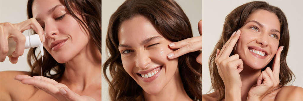 A young girl confidently applying skincare products, showcasing her radiant and healthy skin.