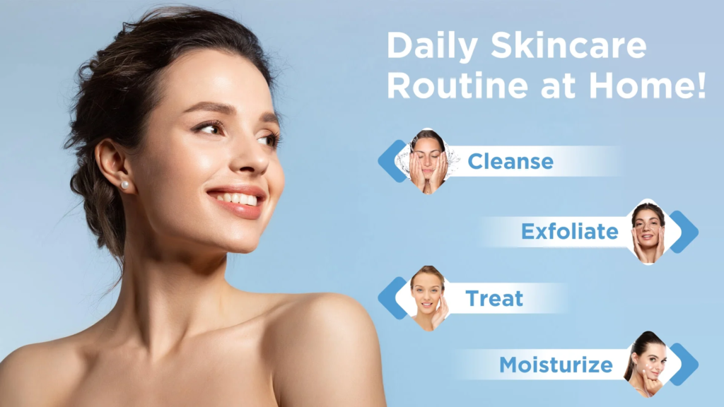 Diagram showing the basic steps of a skincare routine at home: cleansing, exfoliating, treating, and moisturizing.