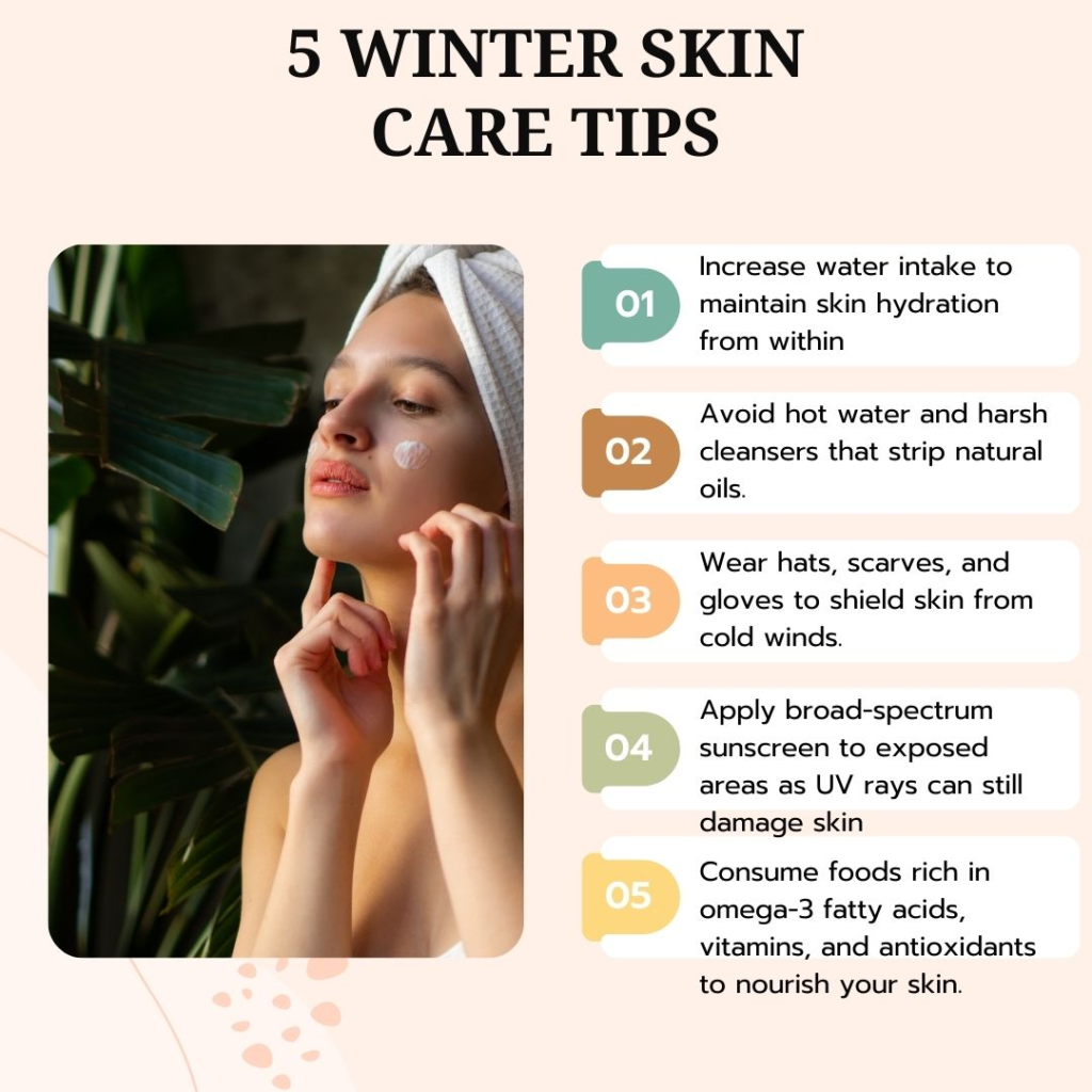 Winter skincare tips illustration showing increased moisture with richer creams, gentle cleansing with hydrating cleansers, and protective layers with serums and sunscreen.