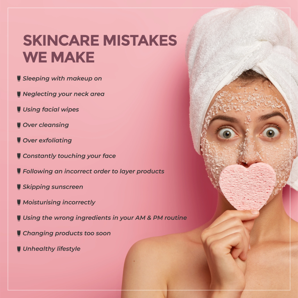 An image showing various common skincare mistakes, such as over-exfoliating, skipping sunscreen, using harsh products, removing makeup properly etc.