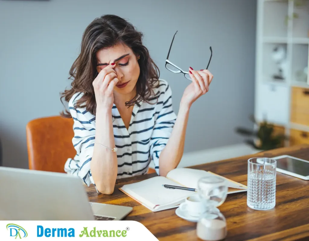 An image of a lady trying to manage her stress to avoid redness of pimples.