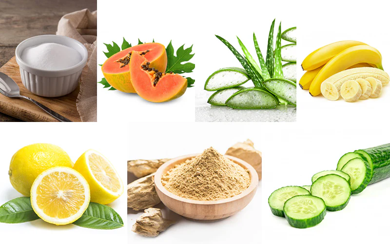 Image displaying natural ingredients for home remedies to minimize open pores, including exfoliating scrubs, clay masks, ice cubes, apple cider vinegar, and fresh aloe vera gel.