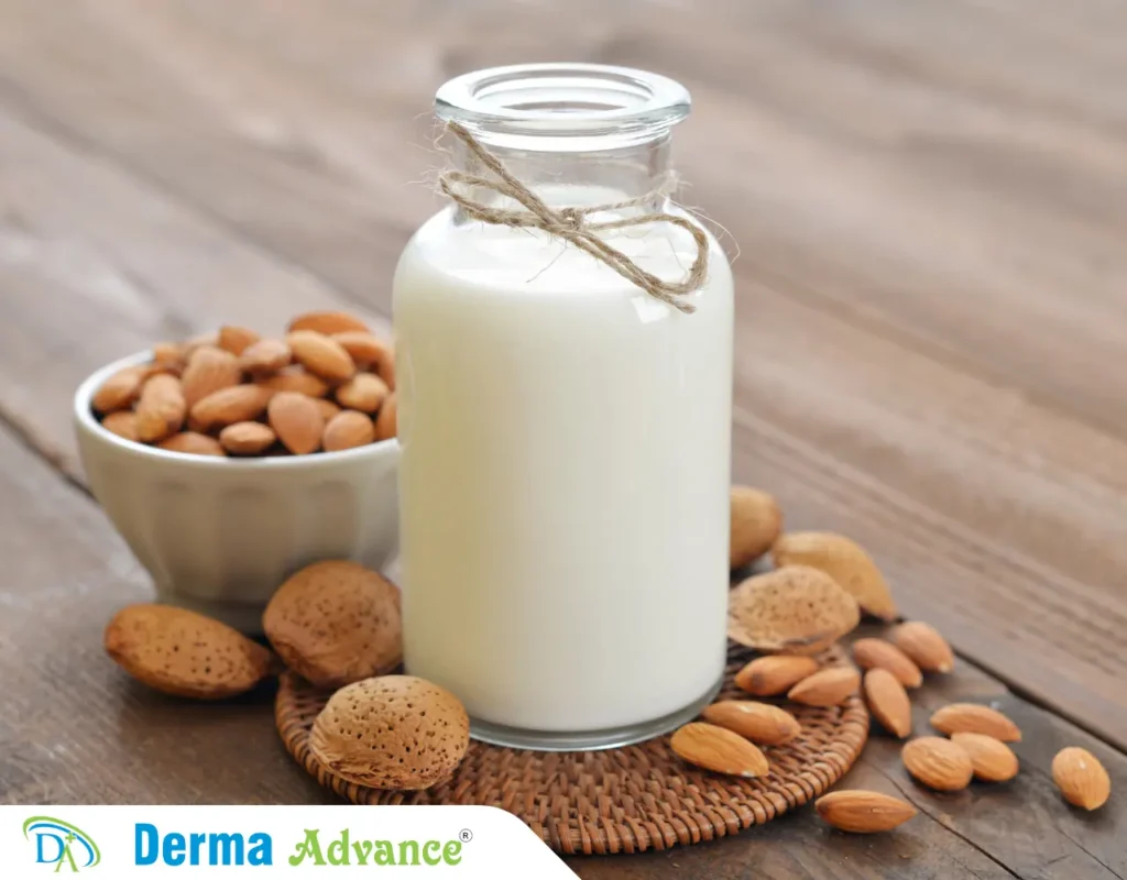 Image of a bottle of Almond Milk which can an be used as a Natural Home Remedy For Pigmentation.