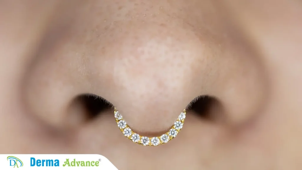 Multiple nose piercing styles including nostril, septum, and bridge piercings.