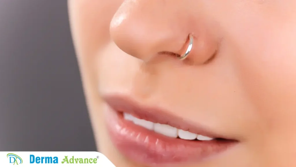 Image showing a close-up of a traditional and stylish nose piercing in Lucknow.